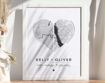 Couples Map Anniversary Print - Heart Map Print, Wedding Gift, For Her, Map Print, City Map, Customisable, Map Print, Gift For Him #126