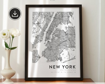May include: Black and white printable map of New York City, United States. The map shows the streets and waterways of the city. The text "NEW YORK" and "40.7128° N, 74.0060° W" is printed below the map.