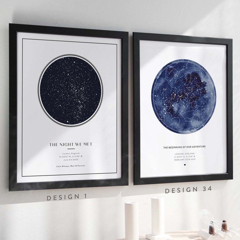 May include: Two black framed prints with white backgrounds and blue star constellations. The left print has the text "The Night We Met" and the right print has the text "The Beginning of Our Adventure".