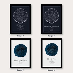 May include: Four framed prints with star maps. Two prints feature a circular star map with text above and below. The other two prints have a dark blue, textured circle with text below. Designs include "Holly & James", "The Night We Got Engaged", "The Day You Were Born", and "Chloe & Ryan".