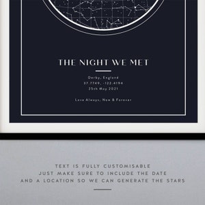 May include: A black and white star map with the text "THE NIGHT WE MET" and the location "Derby, England" with coordinates "37.7749, -122.4194" and the date "25th May 2021". The text "Love Always, Now & Forever" is also included.