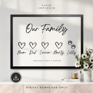 Digital Love Heart Family Print, Fully Custom Print Family, Fathers Day, Gift for Mum, Personalised Family Print, Wall Décor, Gift Dad #249