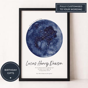 May include: A framed print featuring a dark blue watercolor-style celestial design. The print includes the text "The day you were born" and personalized details such as a name, location, and date. The words "Birthday Gifts" are also visible.