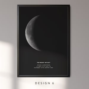 May include: Black and white print of a crescent moon with the text "THE NIGHT WE MET" and the date "SATURDAY 24TH AUGUST 2022".