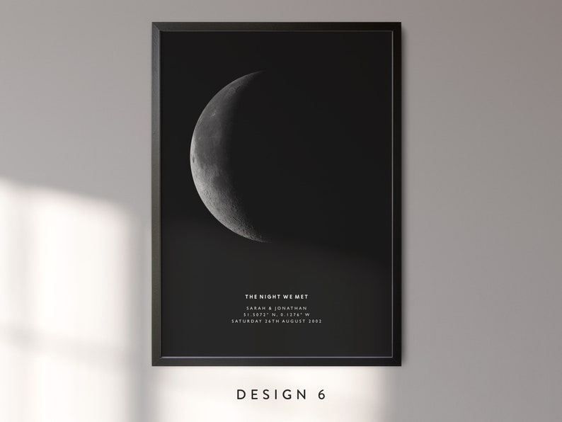 May include: Black and white print of a crescent moon with the text "THE NIGHT WE MET" and the date "SATURDAY 24TH AUGUST 2022".