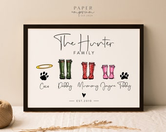 Framed Custom Wellie Print, Fully Custom Welly Boots Print for Family, Framed, Family Print, Includes Frame, Gift For Dad, Gift For Mum#218
