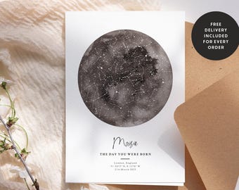 Day You Were Born or Custom Milestone Anniversary, Birthday Card, Star Map Paper Anniversary Card, Cards, Wife Husband Couple #182