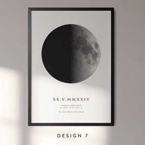 May include: A black and white moon phase print with the date "XX.V.MMXXIV" and the text "SARAH & JONATHAN 51.5072&deg; N, 0.1274&deg; W TO THE MOON AND BACK" printed below the moon.