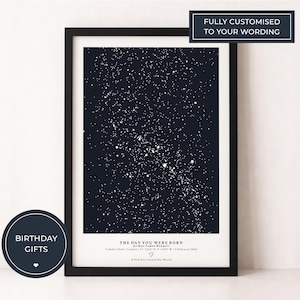 Op de afbeelding: Een ingelijste print met een donkerblauwe achtergrond met een sterrenkaart. De tekst "THE DAY YOU WERE BORN" staat onderaan, met details. Een ronde sticker leest "BIRTHDAY GIFTS". De bovenste tekst luidt "FULLY CUSTOMISED TO YOUR WORDING".