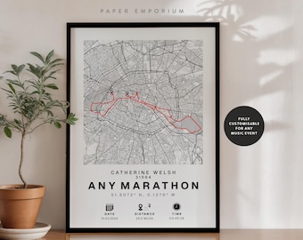 Personalised Marathon Map Print: Custom Finisher Gift (Paris or Any Run)