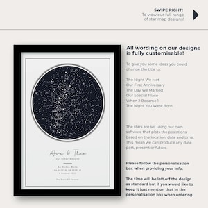 May include: A framed print featuring a dark blue star map within a black border. The text "Ava & Theo" and "Our Forever Begins" are below the star map. Additional text includes location, date, and time details. The text "SWIPE RIGHT!" is at the top.