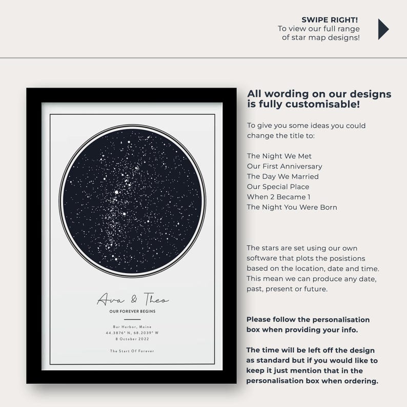 May include: A framed print featuring a dark blue star map within a black border. The text "Ava & Theo" and "Our Forever Begins" are below the star map. Additional text includes location, date, and time details. The text "SWIPE RIGHT!" is at the top.