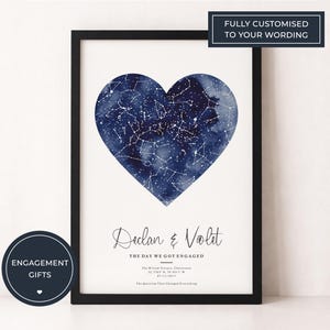 Può includere: Stampa incorniciata con un design ad acquerello a forma di cuore blu navy di un cielo stellato. I nomi "Declan & Violet" sono scritti sotto il cuore, con il testo "The Day We Got Engaged" sotto. La stampa è incorniciata in una cornice nera. Il testo "FULLY CUSTOMISED TO YOUR WORDING" è in alto.