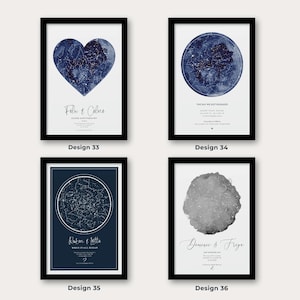 May include: Four framed art prints with star maps. Design 33 features a heart-shaped map with text. Design 34 shows a circular map with text. Design 35 has a circular map with text. Design 36 displays a watercolor-style map with text.