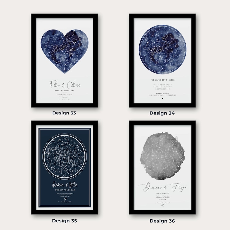 May include: Four framed art prints with star maps. Design 33 features a heart-shaped map with text. Design 34 shows a circular map with text. Design 35 has a circular map with text. Design 36 displays a watercolor-style map with text.