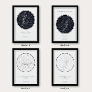 May include: Four framed prints with black frames and white mats. Each print features a circular star map design. The prints include text such as "Ave & Theo", "Still Falling For You", "Welcome to the World", and "Our Wedding Day".