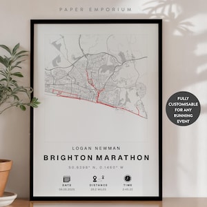 Brighton ou n'importe quelle carte d'achèvement de marathon ou de course - Cadeau parfait pour les coureurs, marathon, données d'achèvement personnalisées, cadeau commémoratif 10 km # 316