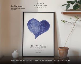 Heart Design Watercolour Star Map Print, Anniversary Gift, Decor for New Home, Gift for a couple