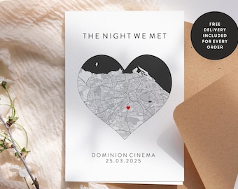 May include: A white card with the text "The Night We Met" and a black and white map of a city in the shape of a heart. The date "25.03.2025" and the text "Dominion Cinema" are printed below the map.