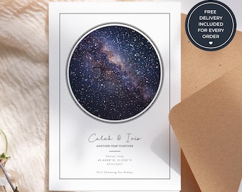 Anniversary Greeting Card with Personalised Star Map, Custom Night Sky Card for Couples