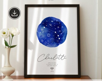 May include: A framed print featuring a watercolor-style blue celestial design with stars and constellations. The name "Charlotte" is written in cursive below the design, along with date, time, and Aries symbol. The text "DIGITAL DOWNLOAD ONLY" is at the bottom.