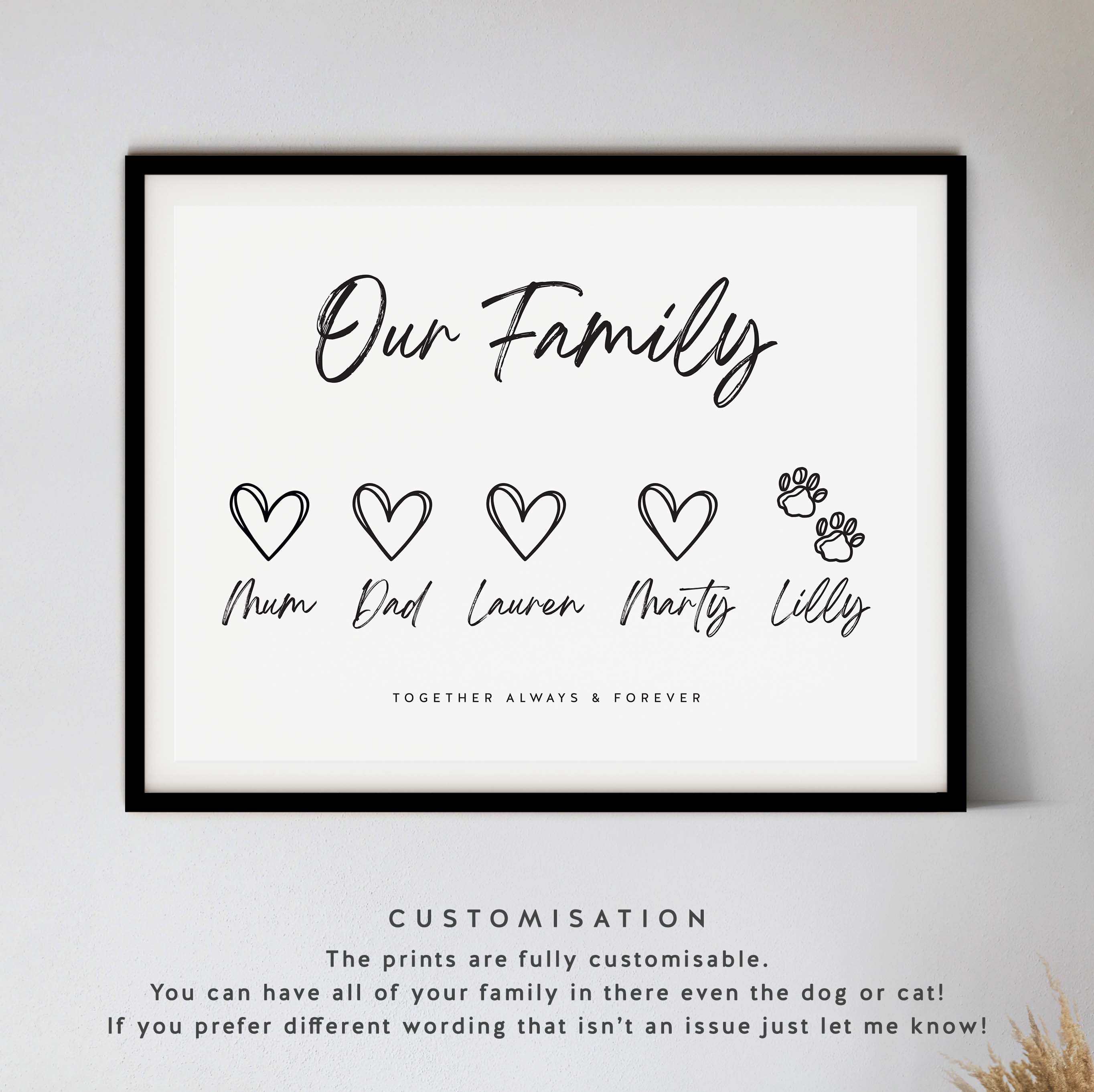 Personalised Family Print With Names & Paw Prints | Custom Family Name ...