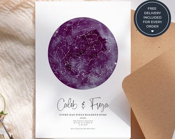 Anniversary Greeting Card with Personalised Star Map, Custom Night Sky Card for Couples