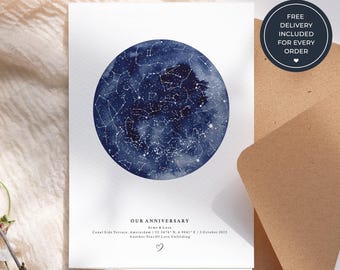 Personalised Couple Anniversary Card, Custom Night Sky Star Map Greeting Card, Romantic Keepsake