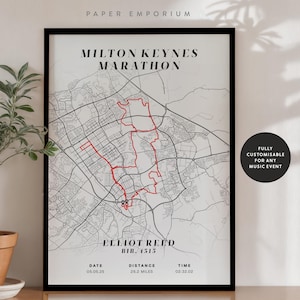 Milton Keynes ou n'importe quelle carte d'achèvement de course de marathon - Cadeau parfait pour les coureurs, données d'achèvement personnalisées, commémoration, cadeau 10 km 5 km # 317