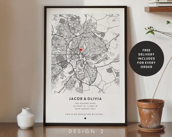 Carte personnalisée pour couple - cadeau de fiançailles, impressions de carte n'importe quel endroit, impression de la ville, plan de la ville, impression de carte d'amour, cadeau de carte, affiche d'impressions de carte #124