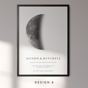 May include: A black and white moon phase print with the names Alison & Mitchell and the text "Saturday 29th September 2020 51.5073&deg; N, 0.1278&deg; W To the moon and back"