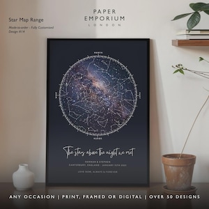 May include: Framed star map print with a dark blue background, featuring a detailed celestial map. The print includes the text "The stars above the night we met" and additional personalized details. The Paper Emporium London logo is at the top.