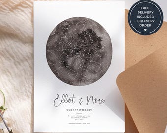 Personalised Couple Anniversary Card, Custom Night Sky Star Map Greeting Card, Romantic Keepsake