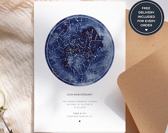 Personalised Couple Anniversary Card, Custom Night Sky Star Map Greeting Card, Romantic Keepsake