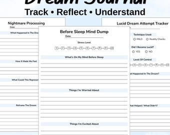 Journal de rêves | Imprimable | Rêves lucides, suiveurs de sommeil et de rêves, guide d'interprétation