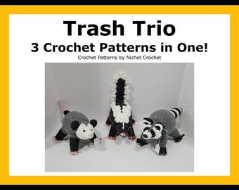 Opossum, Skunk, Raccoon Crochet Patterns: Trash Trio (PDF Digital Download)