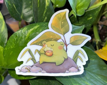 tea drinking frog Vinyl sticker,  frog sticker, waterproof, Laptop sticker, frog, fun gift, birthday, work, sticker, stickers