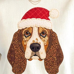 Patchwork Basset Hound Christmas PNG, Quilted Santa Hat Dog Clipart (Digital Download)