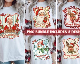 May include: A collection of five white t-shirts featuring Christmas-themed designs. The designs include Mrs. Claus, Santa Claus, reindeer, and a snowman, each with festive elements and text like "Merry & Bright" and "Happy Holidays!" The text "PNG BUNDLE INCLUDES 5 DESIGNS" is also visible.