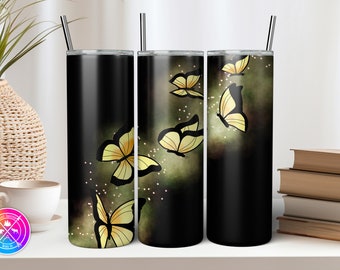 Yellow Butterfly Glow 20 oz Skinny Tumbler Sublimation Design Digital Download PNG Glowing Butterflies Tumbler