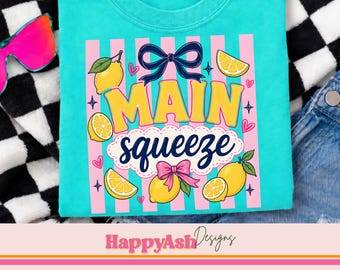 Main Squeeze Lemon PNG, Retro Citrus Sommer Shirt Grafik, Obst Sublimationsdesign, Coquette Bow, trendige kommerzielle Nutzung digitaler Download