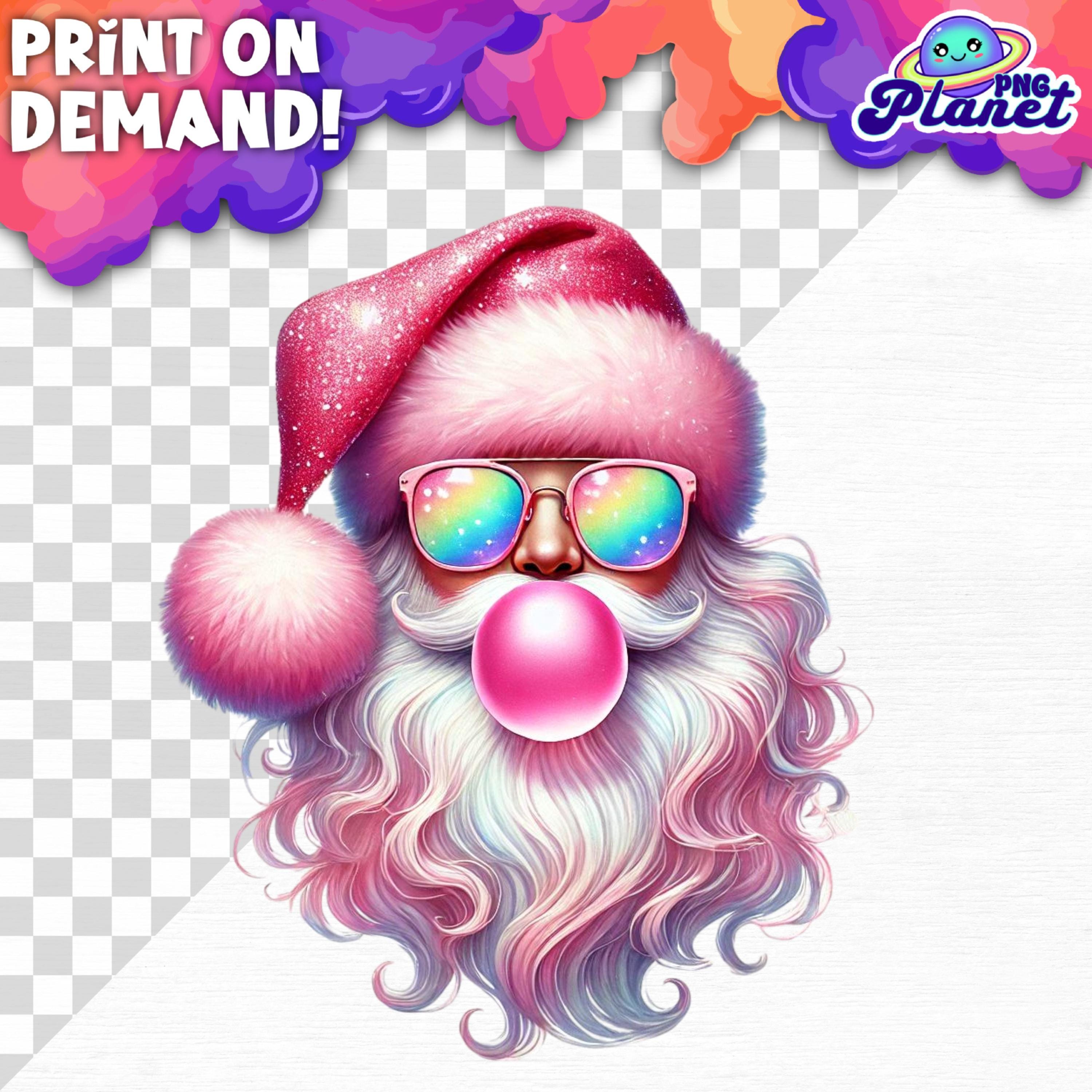 Pink Holographic Santa Blowing Bubble PNG, Funny Santa With Sunglasses ...