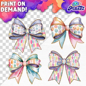 May include: Four watercolor bows with a gold glitter outline and a pastel Easter egg pattern. The bows are in various positions and are isolated on a transparent background.