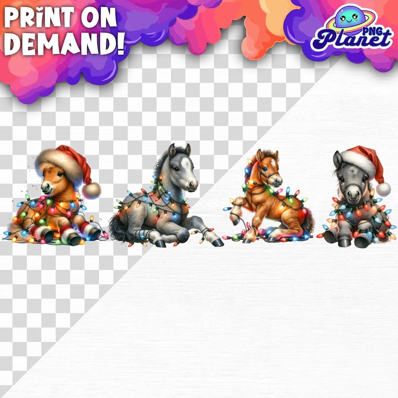 May include: Three adorable foals are wrapped in colourful Christmas lights. The foals are wearing Santa hats and are sitting on a white background.