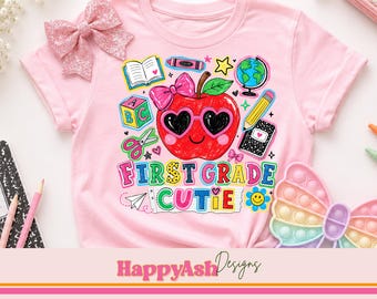 Erstklässlerin PNG, bunte Schul-Shirt-Grafik, niedliches Apfel-Sublimationsdesign, zurück in der Schule digitaler Download