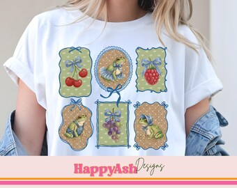 Landhaus Frosch PNG | Vintage Frosch Clipart | Niedliches Cottagecore Fruit Frame Design für Sublimation & DTF