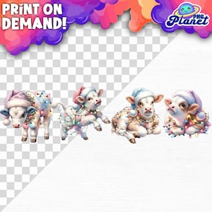 Pastel Cows in Christmas Lights, Christmas Cows PNG, Farm Animal Png, Christmas Animal Png, Cow Mom Png, Christmas Animal Png