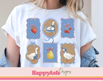 Country Cottage Goose PNG | Vintage Farmhouse Duck Clipart | Cute Cottagecore Fruit Frame Design for Sublimation & DTF