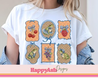 Landhaus Frosch PNG | Vintage Frosch Clipart | Niedliches Cottagecore Fruit Frame Design für Sublimation & DTF