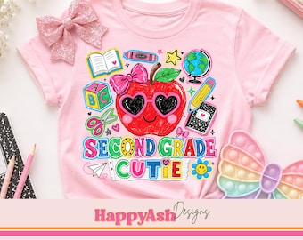 Zweite Klasse Cutie PNG, bunte Schul-Shirt-Grafik, niedliches Apfel-Sublimationsdesign, zurück in der Schule digitaler Download